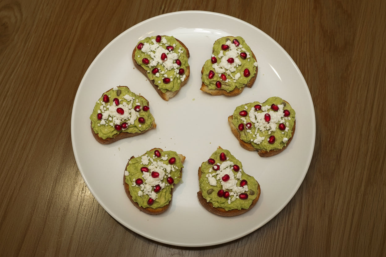 Crostini - Smashed Avocado,Pomengrante & Feta Cheese