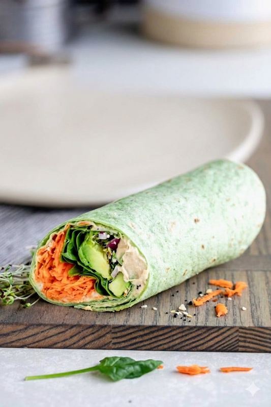 The All Day Wrap with spinach, avocado, hummus, carrots and red onion